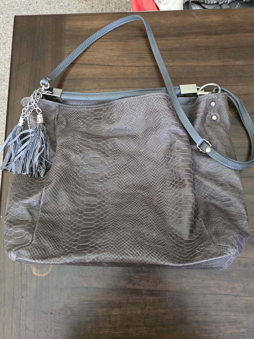 Anna Morellini Rosallia Grey Snakeskin Embossed Leather Hobo Bag with Tassel